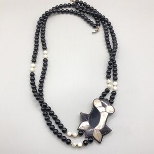 Signed Lee Sands Vintage Necklace Flower MoP Inlay Beaded Statement Style